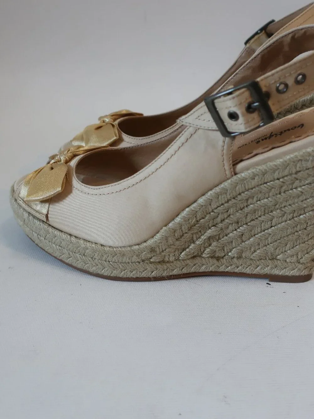 NWOB Boutique x Nordstrom Pale Gold Trina Fabric Satin Bow Espadrille Wedge 7.5N